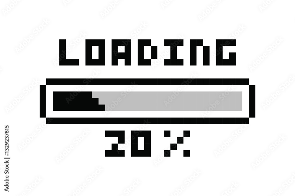 Poster loading pixel icon, load bar 20 percent. 20% downloading, loading or installing bar at 20%