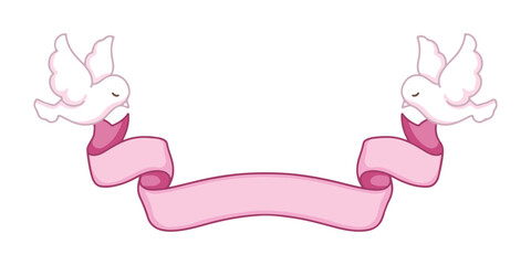 Vector illustration of two white doves with pink ribbon on white background