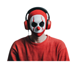 Masked figure in red sweatshirt with headphones on black background, cut out