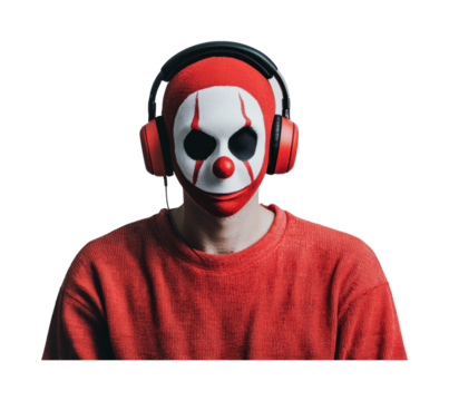 Masked figure in red sweatshirt with headphones on black background, cut out
