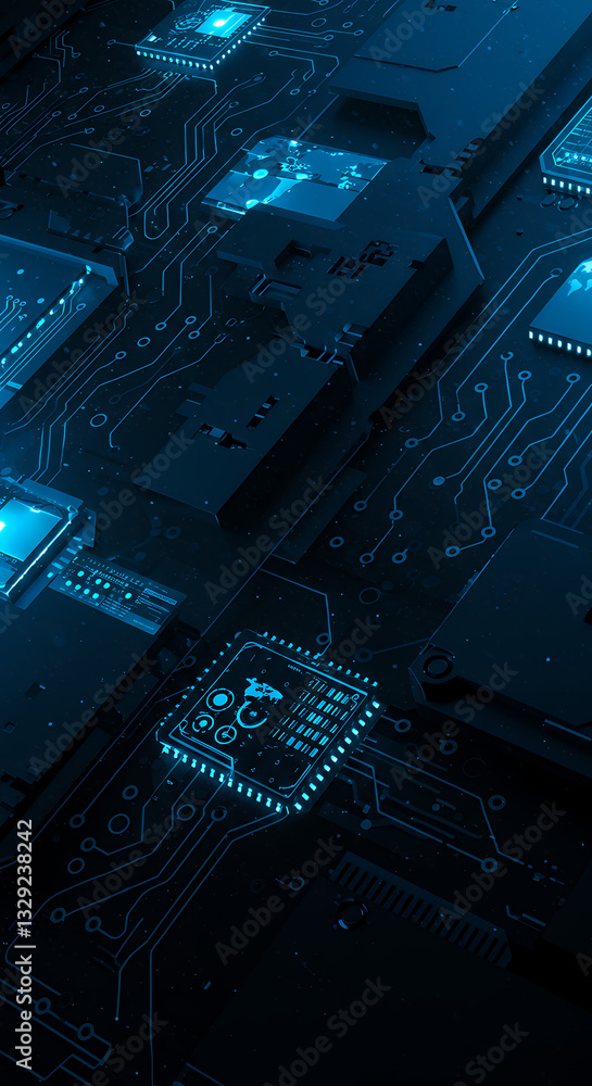 Poster tech circuitry: futuristic blue microchip, data flow, & ai innovation - hi-tech computing power, mot
