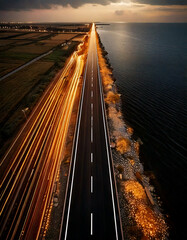 highway at night by a lake