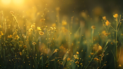 Dreamy aesthetic nature background, golden hour, bokeh effect