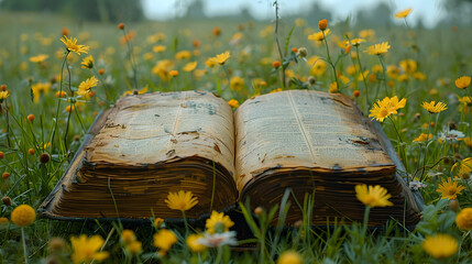 Fototapeta premium An open, weathered book surrounded by vibrant wildflowers in a serene meadow during daylight