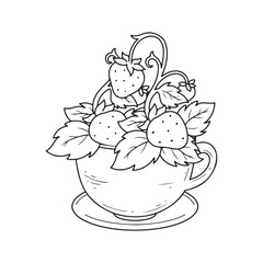 Strawberry in cup. Black and white vector illustration for coloring book.