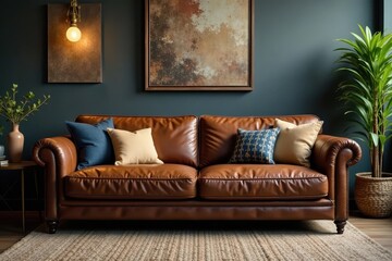 Deep brown leather sofa, accent pillows, industrial chic decor, seating, art