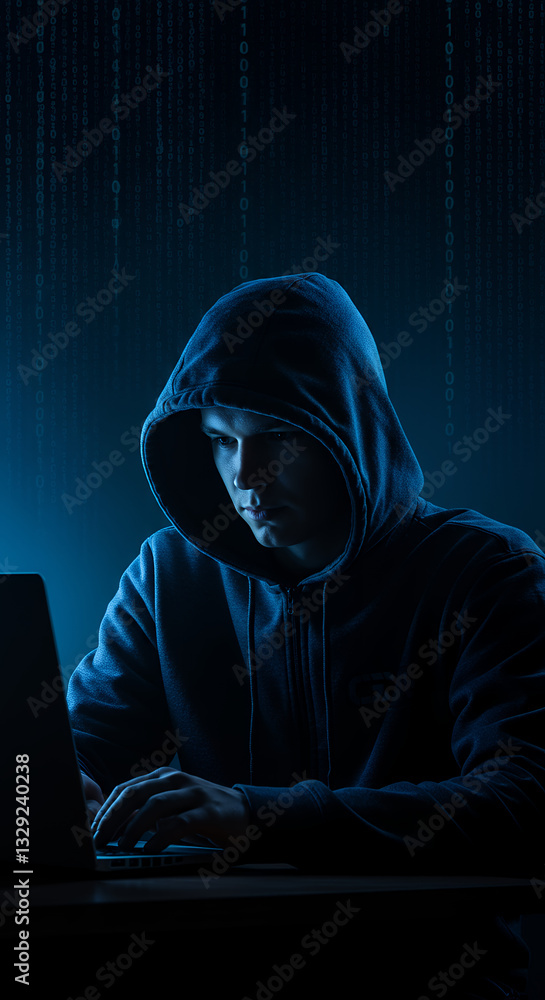Poster hacker at work: cyber security, coding, and digital threat protection | binary code, laptop, hoodie,