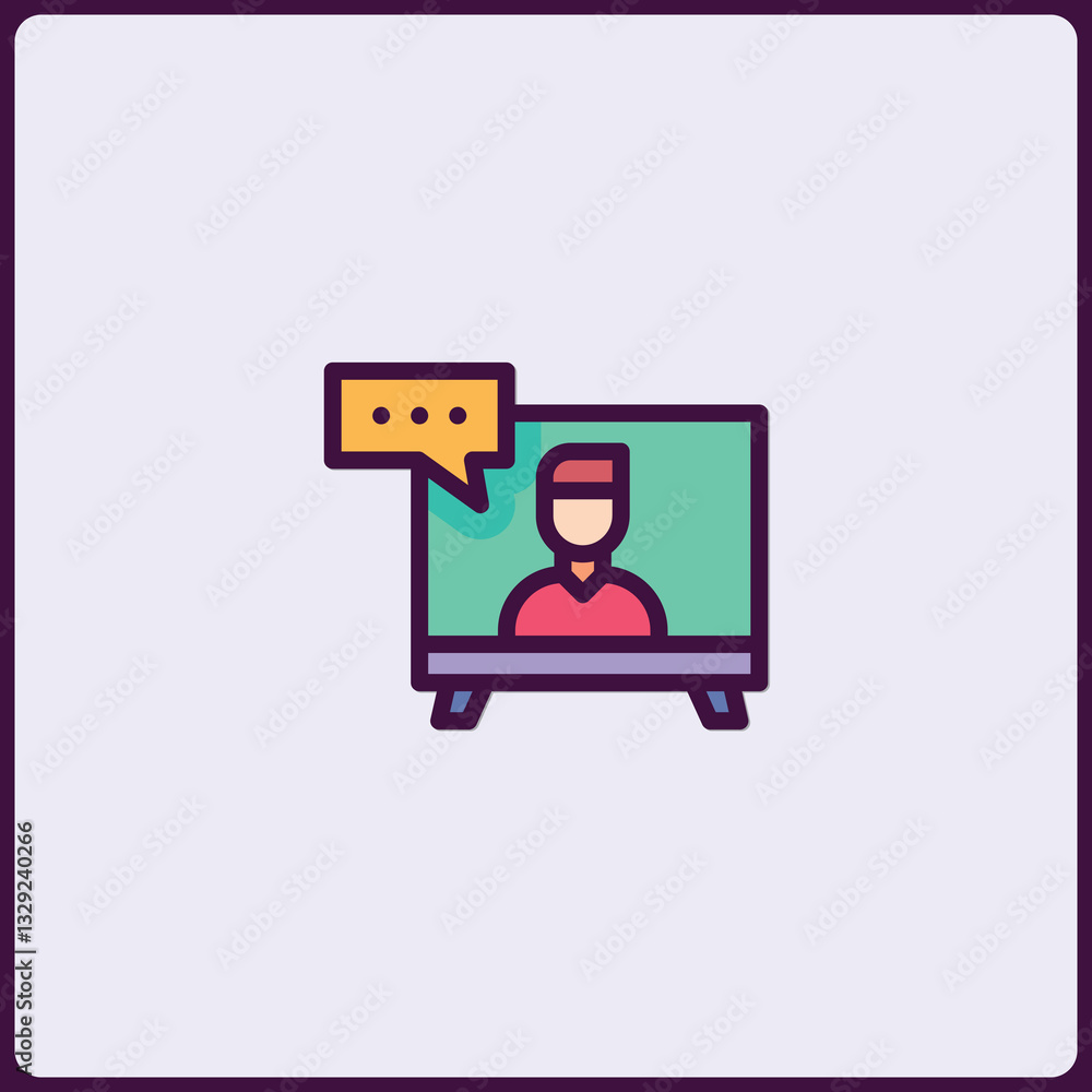 Poster remote virtual discussion icon with user profile on screen and speech bubble