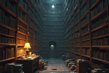 Cozy vintage library with warm light and endless bookshelves
