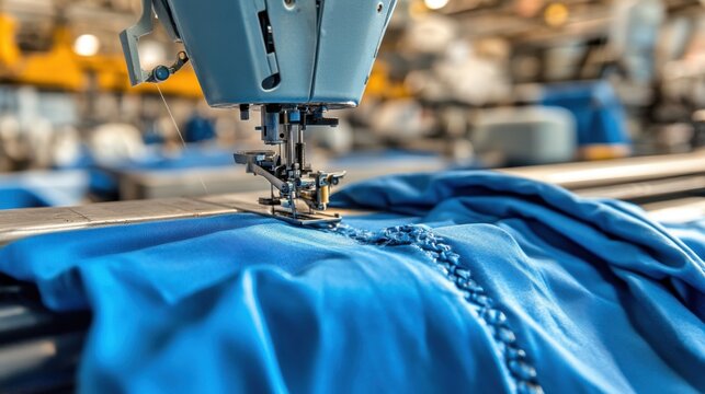 A close-up of an industrial serger sewing machine finishing fabric edges with precision