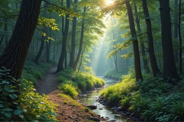 Obraz premium Sunlit forest path with stream in tranquil green woodland landscape