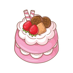 Cake with chocolate and strawberries. Vector illustration isolated on white background.