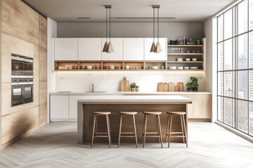 Modern kitchen with island, wood cabinets, and large window.