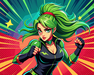 Vector illustration of superwoman in retro pop art comic style. Beautiful girl in superhero costume