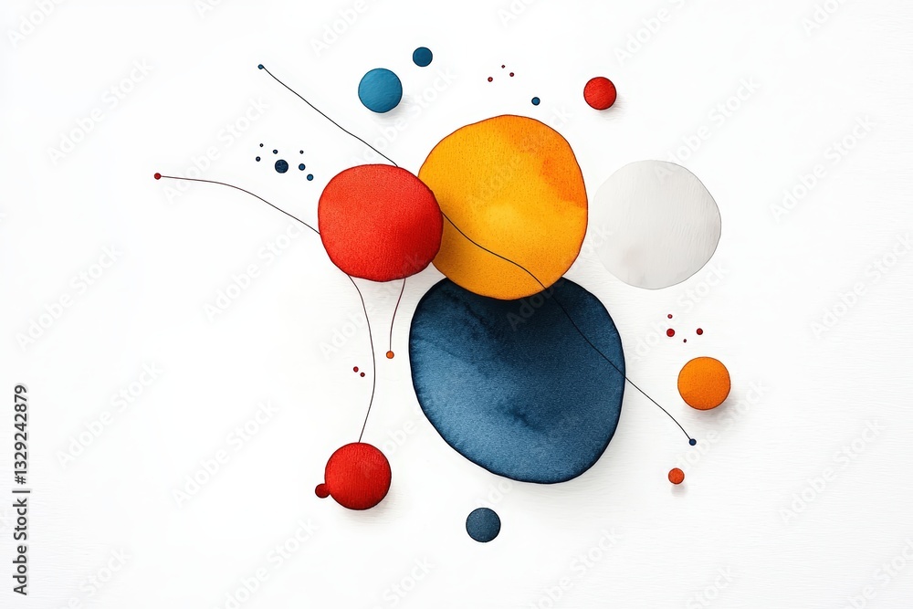 Poster an abstract composition featuring colorful circles and lines against a clean white background, perfe