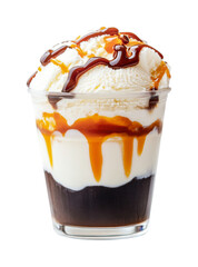Delicious vanilla ice cream sundae topped with caramel and chocolate sauce in cup, cut out