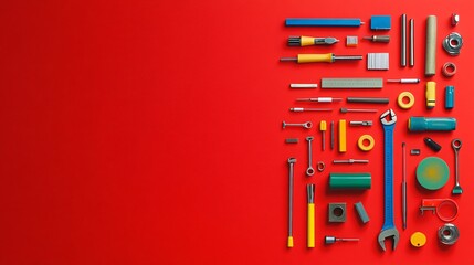 Vibrant red background with colorful hand tools inspiration for industrial design