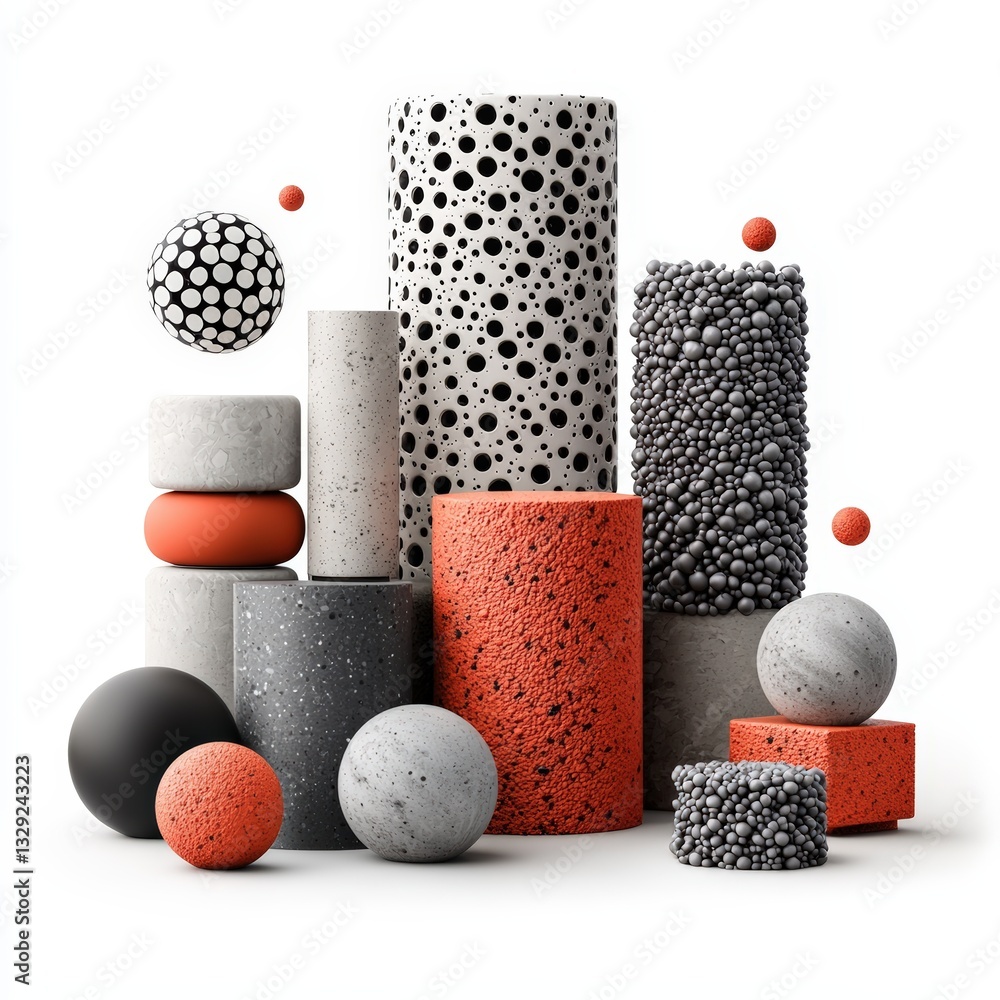 Poster an abstract composition of geometric shapes in varied textures and colors, creating a modern and art