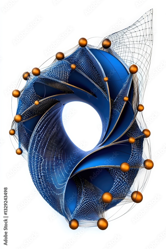 Poster an abstract design featuring a swirling blue shape with intricate patterns and orange spheres, symbo