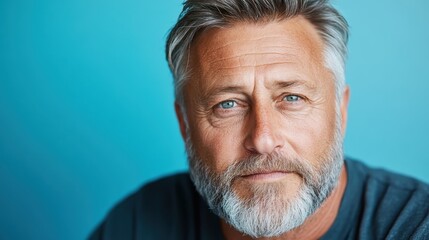 Fototapeta premium This image captures an expressive older man with captivating eyes and a salt-and-pepper beard, reflecting a deep sense of introspection and connection with the viewer.