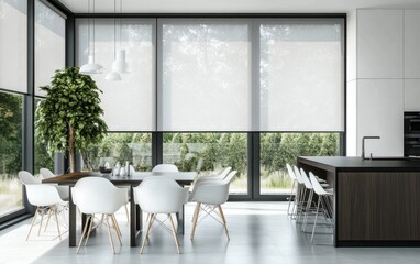 Modern kitchen with large windows, white chairs, and roller shades.