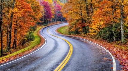 Fototapeta premium A curving road with vibrant autumn foliage in shades of red, orange, and yellow on both sides