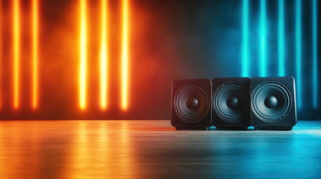 Three stylish audio speakers are enhanced with vivid colors and lighting effects, making them a visual masterpiece suitable for any party or entertainment setting.
