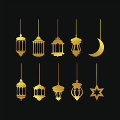 elegant islamic lamps. ramadan lanterns. Fanous line lantern, arabic lamps silhouettes vintage egyptian moroccan dubai eastern lamp for islamic mosque or arabian lighting, vector illustration.