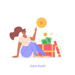 Attracting customers for money and gifts. Concept of discount, customer service, online shopping, earn point, loyalty bonus program, refer a friend. Vector illustration in flat design