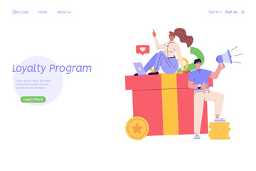 Attracting customers for money and gifts. Reward program and receiving rewards. Concept of earn reward loyalty, bonus, business award. Vector illustration for UI, mobile app