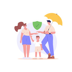 Family under umbrella. Concept of life insurance, protection of health and life of children for travel or vacation. Healthcare and medical service. Vector illustration in flat design