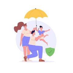 Family under umbrella. Concept of life insurance, protection of health and life of children for travel or vacation. Healthcare and medical service. Vector illustration in flat design