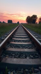 Fototapeta premium Scenic train tracks stretching into the distance with beautiful sunset hues creating a serene and peaceful atmosphere