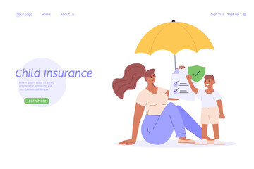 Family under umbrella. Concept of life insurance, protection of health and life of children for travel or vacation. Healthcare and medical service. Vector illustration in flat design
