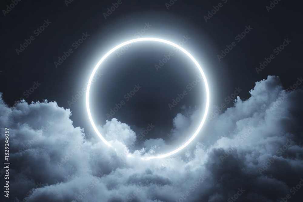 Poster digital rendering of illuminated circle above clouds