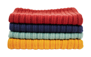 Stack of colorful knit sweaters in red, blue, green, and yellow, cut out