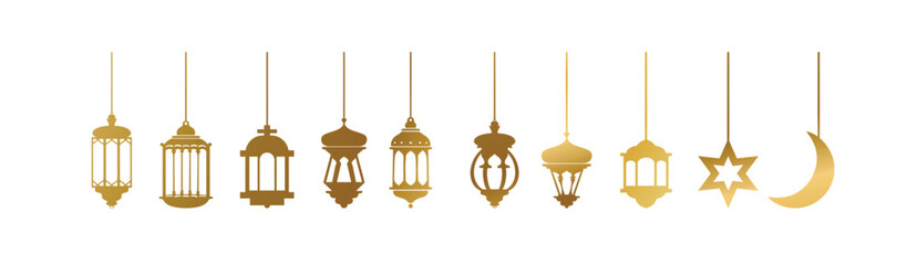 Set of gold ramadan lanterns in white silhouette, collection of flat style design vector illustrations of happy ramadan lantern decoration.