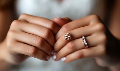 Closeup of Woman's Hands with Diamond and Gold Rings