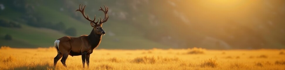 Fototapeta premium Majestic mule deer buck, antlers gleaming against gold and green landscape, horns, regal