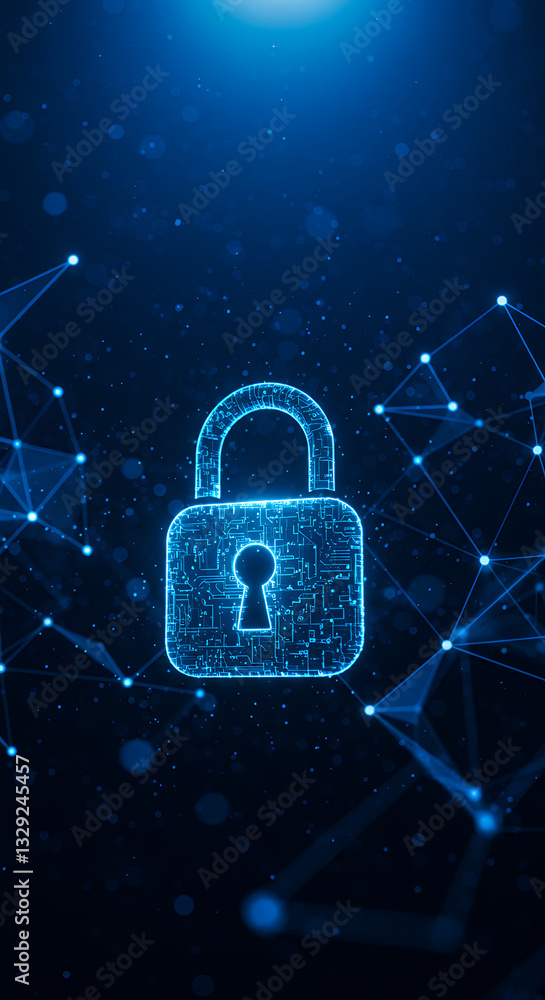 Poster digital security lock: cyber safety, data protection, and network defense with glowing tech padlock 