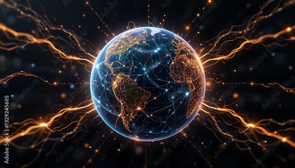 Poster global network connection with glowing nodes and data streams concept
