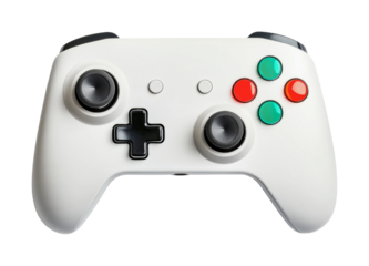 White gaming controller with colorful buttons on black background, cut out