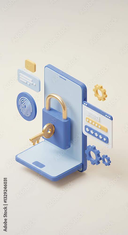 Poster mobile security: secure your data with lock, fingerprint, & password! 3d rendering for protection, a
