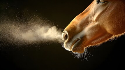 Close-Up of a Horse Breathing Fresh Air with Dust in Darkness