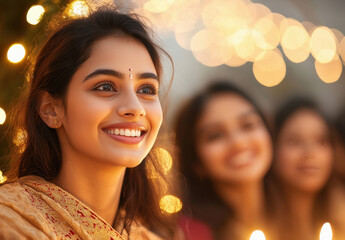 a group of young Southeast Indian friends celebrating Christmas in a cozy, warm environment.