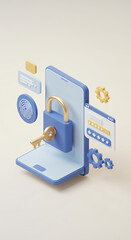 Mobile Security: Secure Your Data with Lock, Fingerprint, & Password! 3D Rendering for Protection, Access, & Authentication.