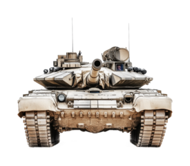 Front view of modern military tank with advanced armour and weaponry, cut out