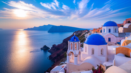 Sunset over Aegean sea, showcasing whitewashed buildings with blue domes in Santorini, Greece.  Picturesque landscape, ideal for travel and tourism promotion