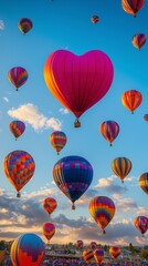 Fototapeta premium Colorful bunch of heart-shaped hot air balloons floating joyfully against a clear blue sky creating a happy scene
