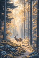 Fototapeta premium Mystical Dawn: A Serene Forest Scene with Graceful Deer Amidst Golden Sunlight and Fog